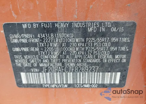 2015 Subaru Xv Crosstrek 2.0I Premium z USA, uszkodzony, nr VIN JF2GPAFC7F8269237